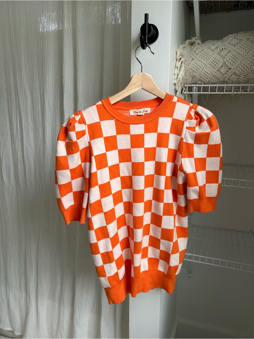 Vine & Love Orange & White Checkerboard Knit Sweater